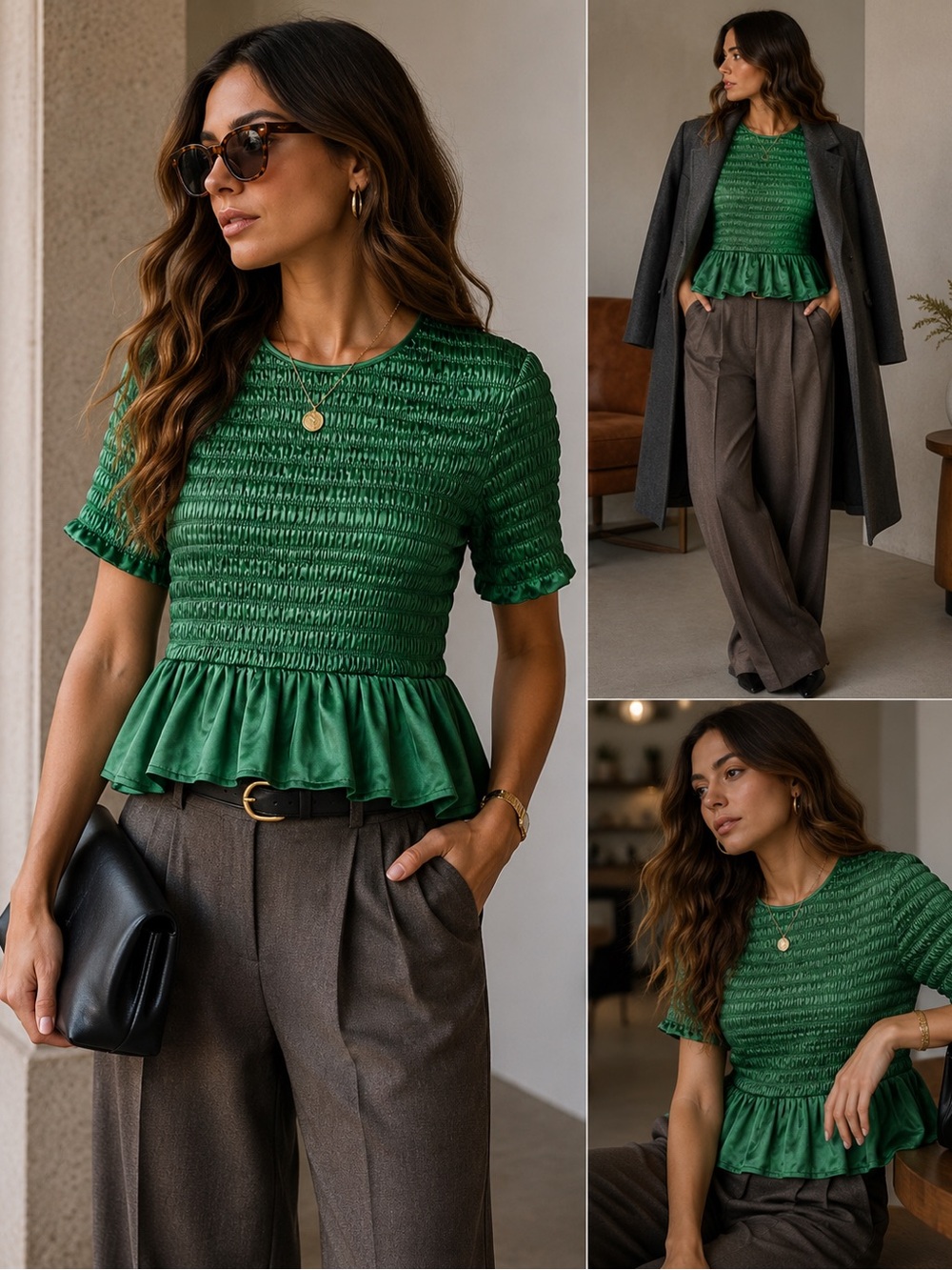 Zara Green Pleated Peplum Short Sleeve Top Size L. Holiday, office, or cocktail